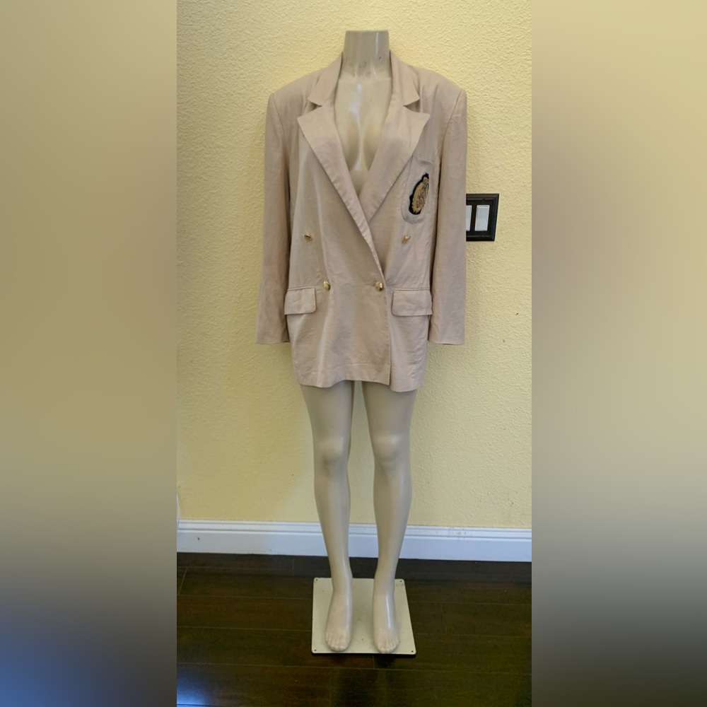 VTG Rafaella Size 14 Tan Color Double Breasted Linen Blazer With Crest Patch